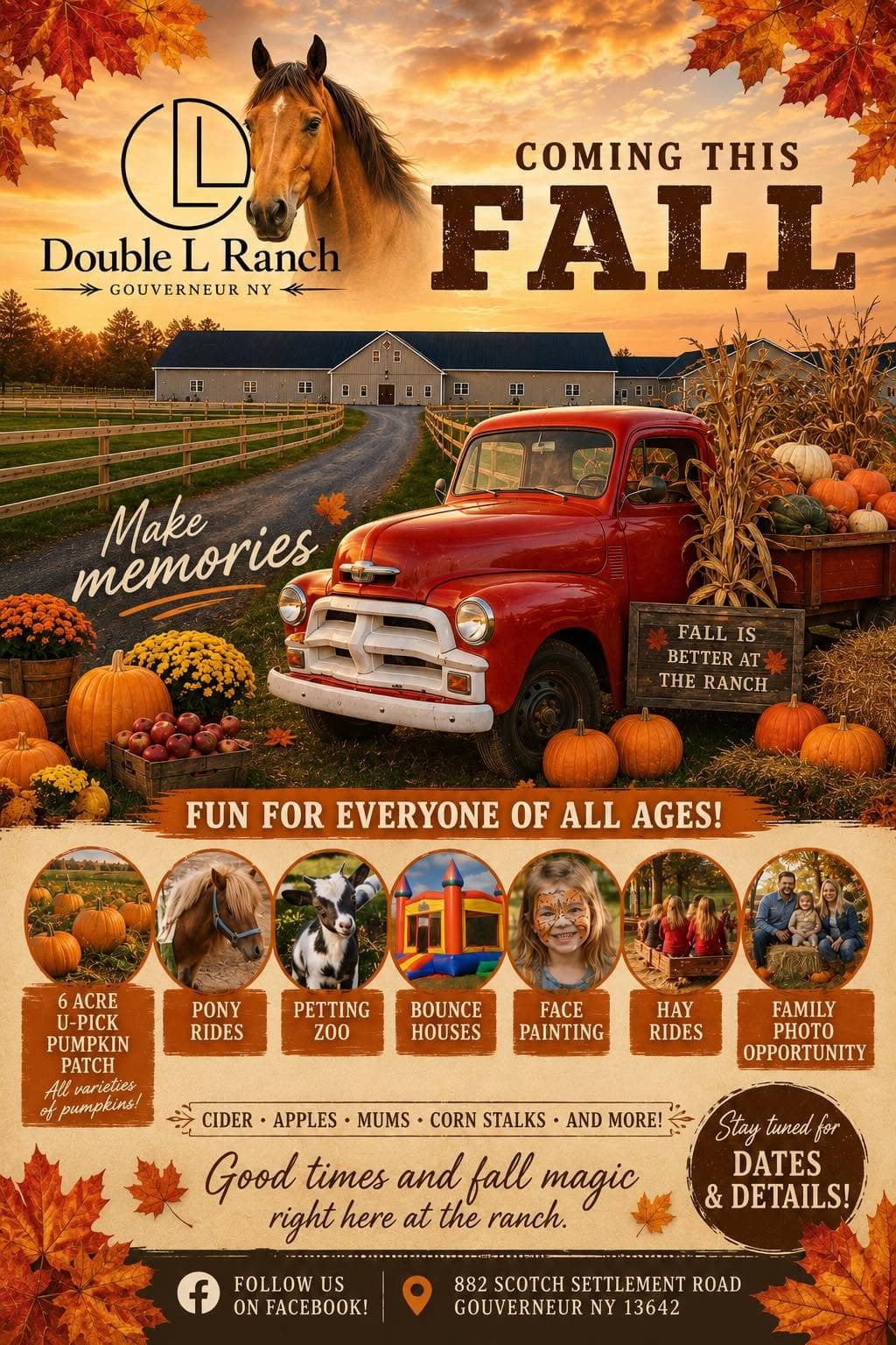 Coming This Fall — Double L Ranch Fall Festival flyer with pumpkin patch, pony rides, and hay rides