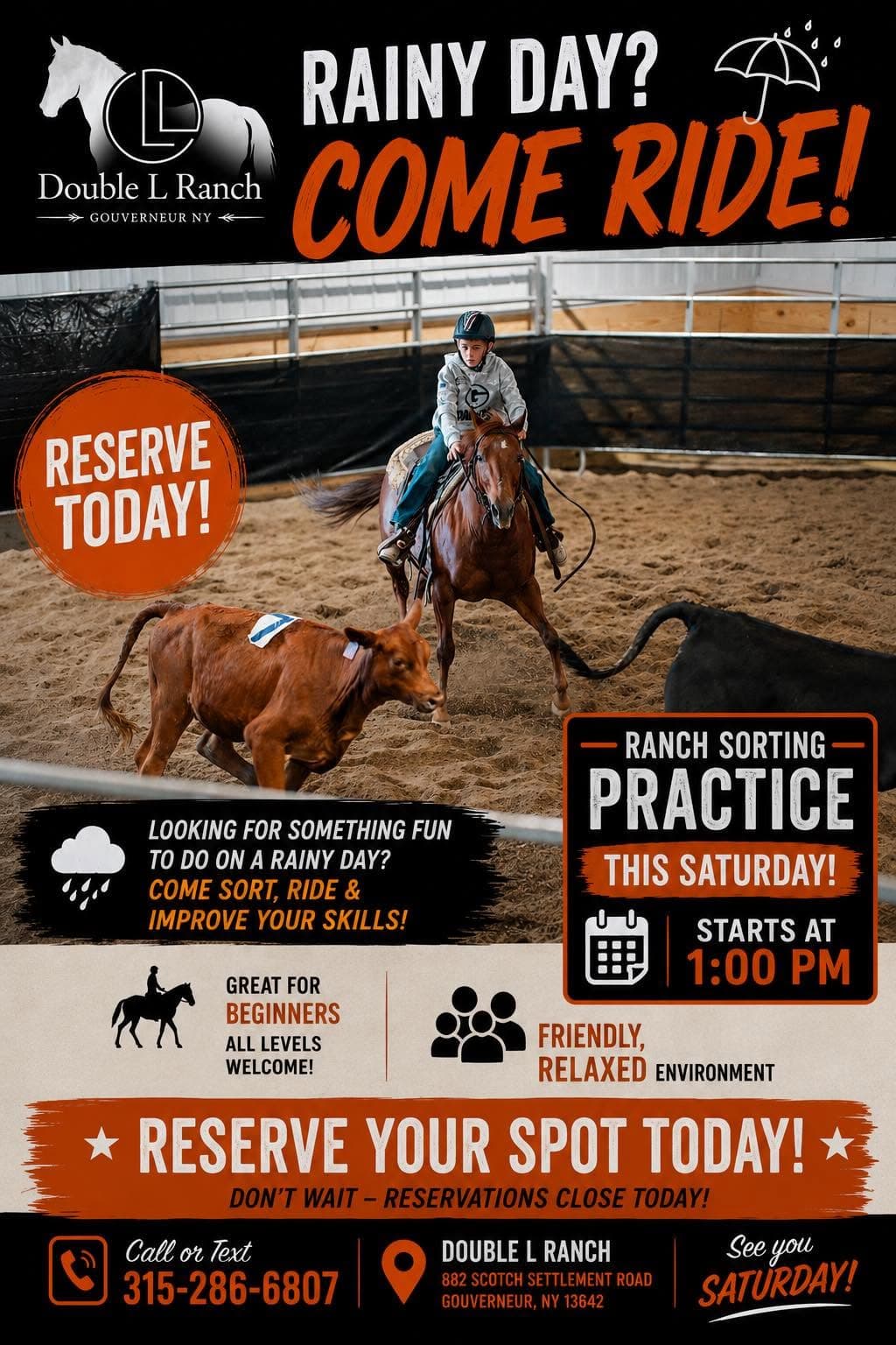 Rainy Day? Come Ride! Ranch Sorting Practice flyer for Double L Ranch